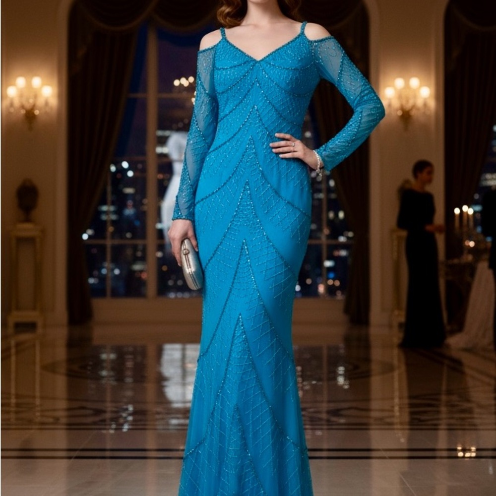 Elegant turquoise hand beaded Evening‎ Gown